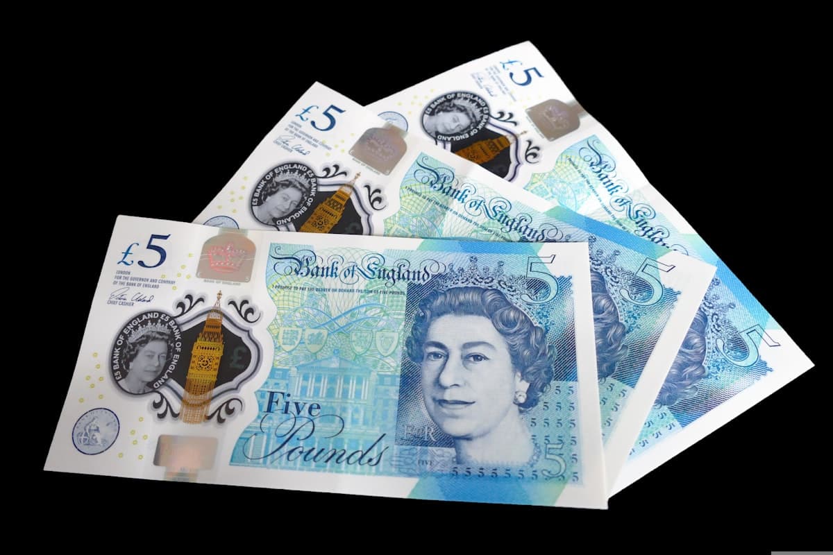 UK pound sterling notes and coins on a desk